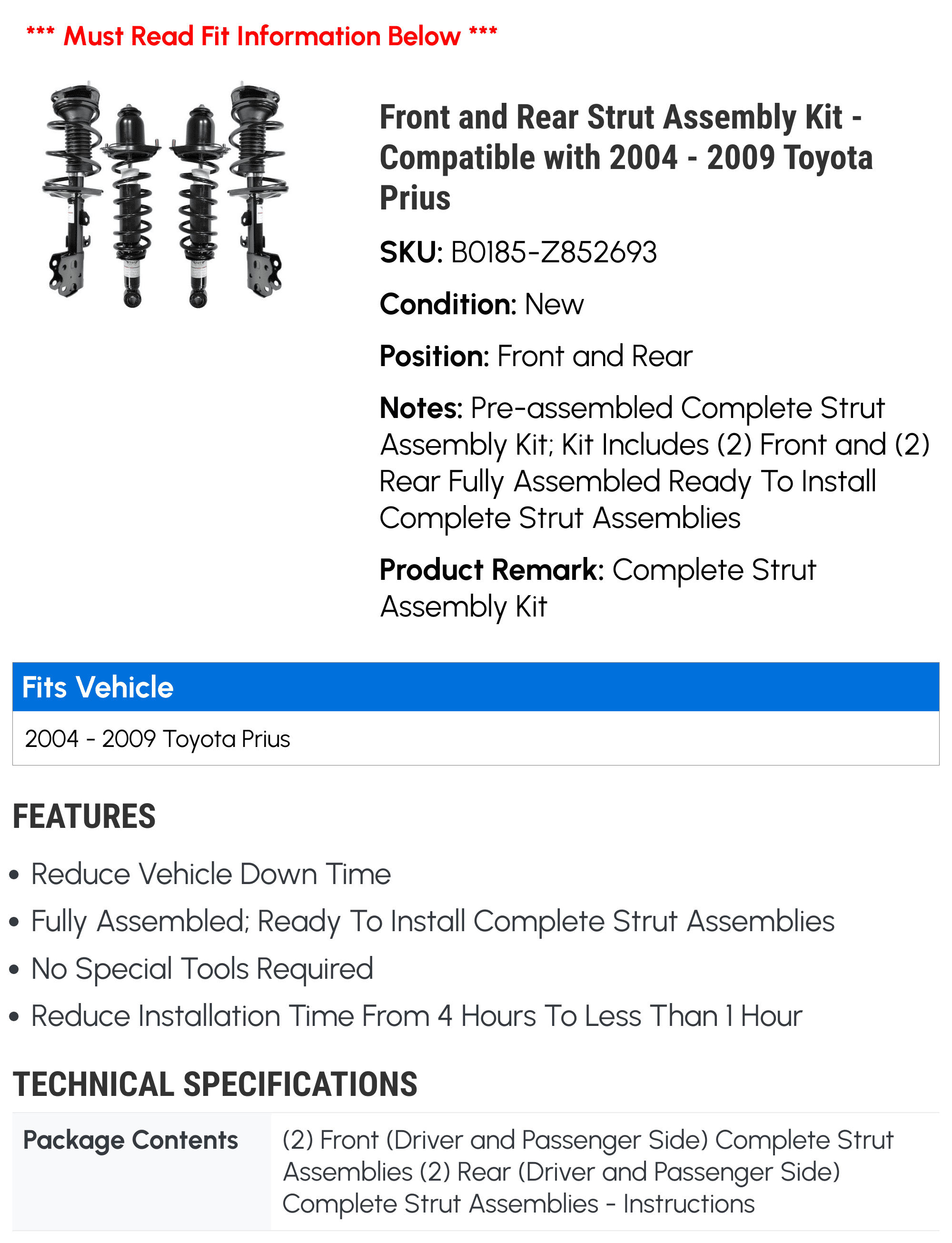 Front and Rear Strut Assembly Kit - Compatible with 2004 - 2009 Toyota Prius 2005 2006 2007 2008