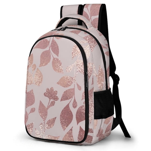 Pocket Backpack 12.6×16.5in Large Capacity Back Feel Comfortable Simple Double Zipper Design For Work Shopping Travel Business Rose Gold Elegant Texture Floral Pattern