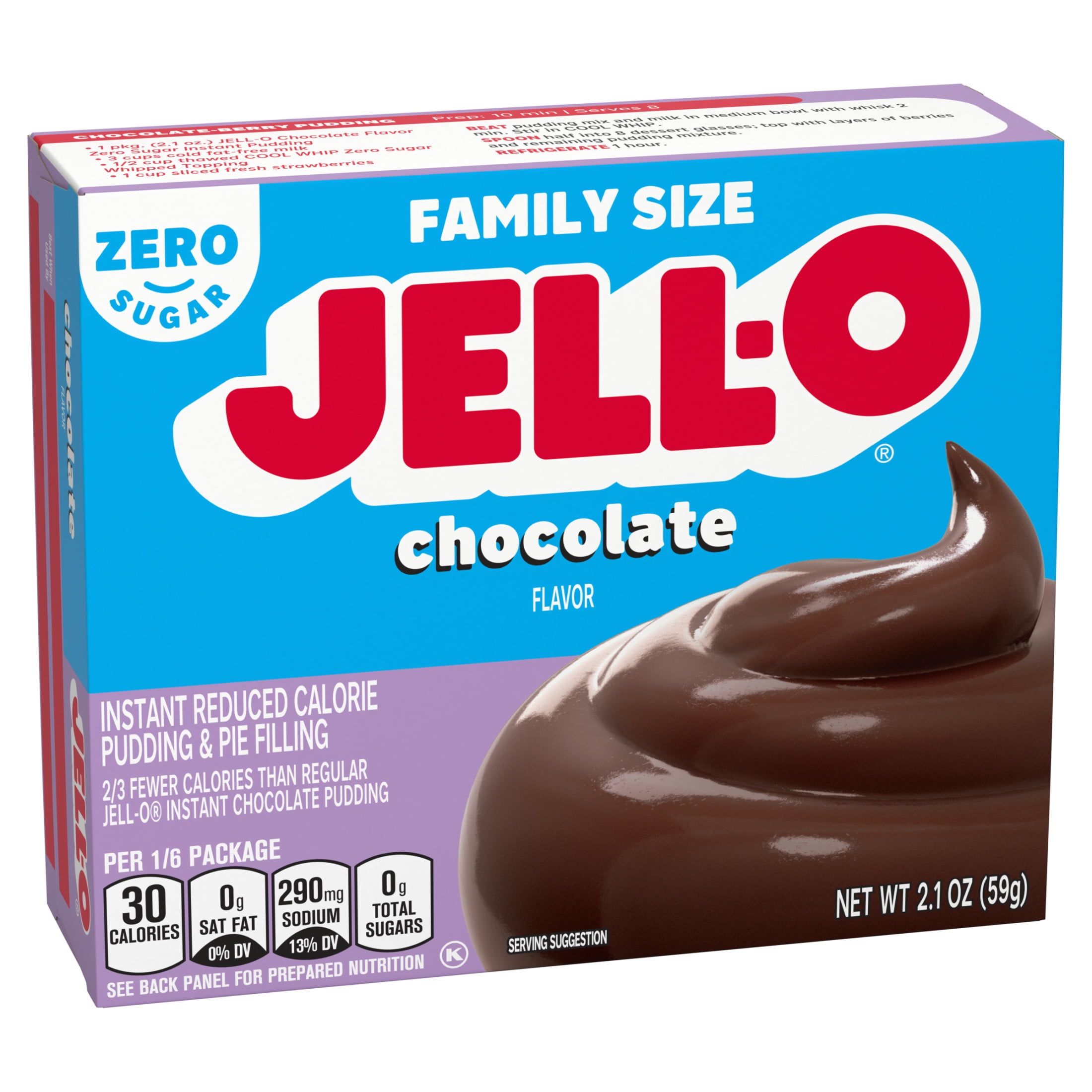Jell-O Chocolate Flavor Zero Sugar Instant Reduced Calorie Pudding & Pie Filling, Family Size, 2.1 oz. Box
