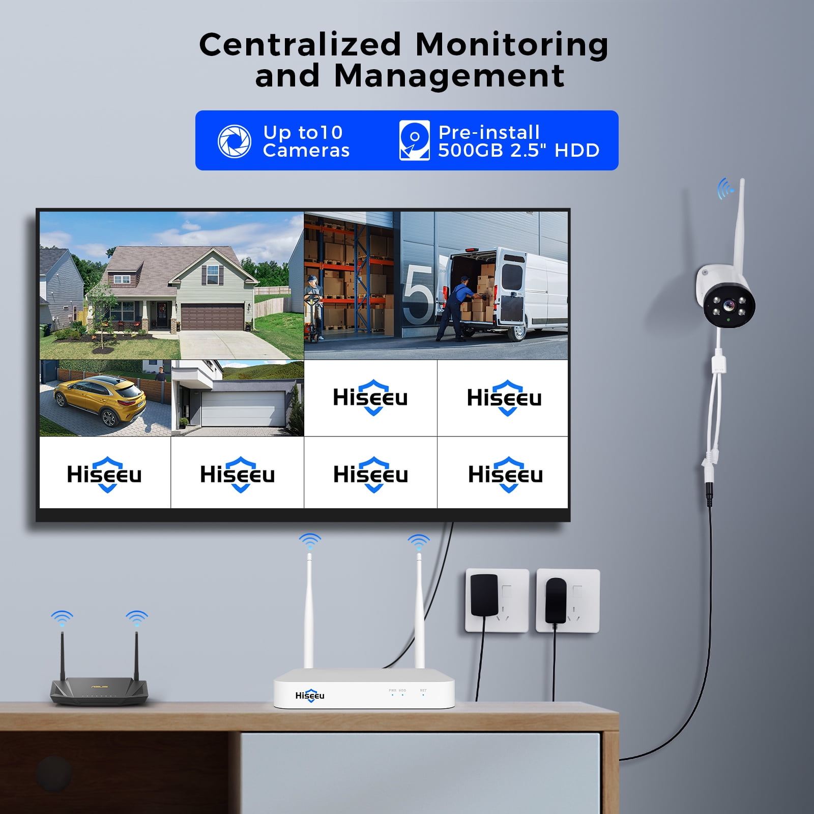 Hiseeu Wireless Camera System, 10CH Expandable 4K Security NVR, 4Pcs 3MP Outdoor Cameras, 2-Way Audio, Human Detection, IP66 Waterproof, 500GB HDD 2.4/5.8GHz WiFi Pro-tech