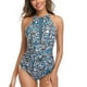 thumbnail image 1 of Traje de baño de una pieza para mujer, traje de baño con costuras de malla, traje de baño estampado para entrenamiento de natación, todo azul L, 1 of 7