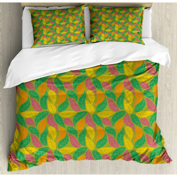 Leaves Duvet Cover Set Queen Size, Rhythmic Colorful Arrangement of Fall Foliage Tree Leaf Motifs Illustration, Decorative 3 Piece Bedding Set with 2 Pillow Shams, Khaki Multicolor, by Ambesonne