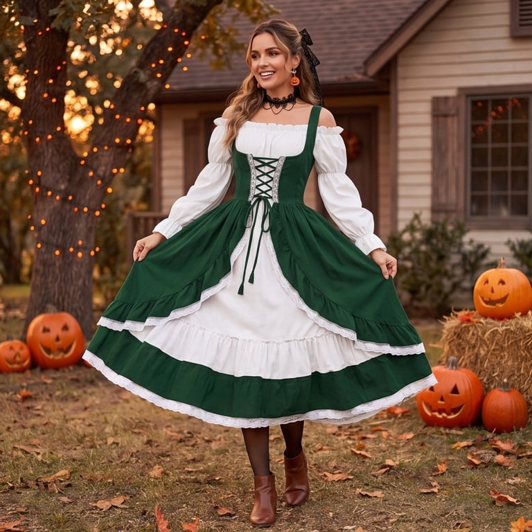 green peasant dress Thredzr Renaissance for Women Medieval Dress Long Bell Sleeve Halloween Dresses Gothic Fairy Witch Wedding Under Dress Dark S category_v-neck-dresses