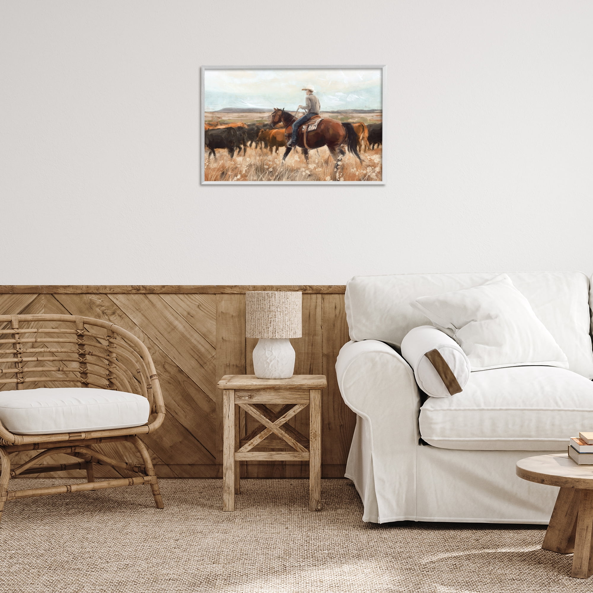 Stupell Industries Cowboy Rounding Cattle Landscape Painting White Framed Art Print Wall Art, 24 x 16