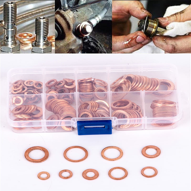200Pcs/Kit Solid Copper Crush Washers Seal Sealing Flat O-Ring Gaskets Assorted 