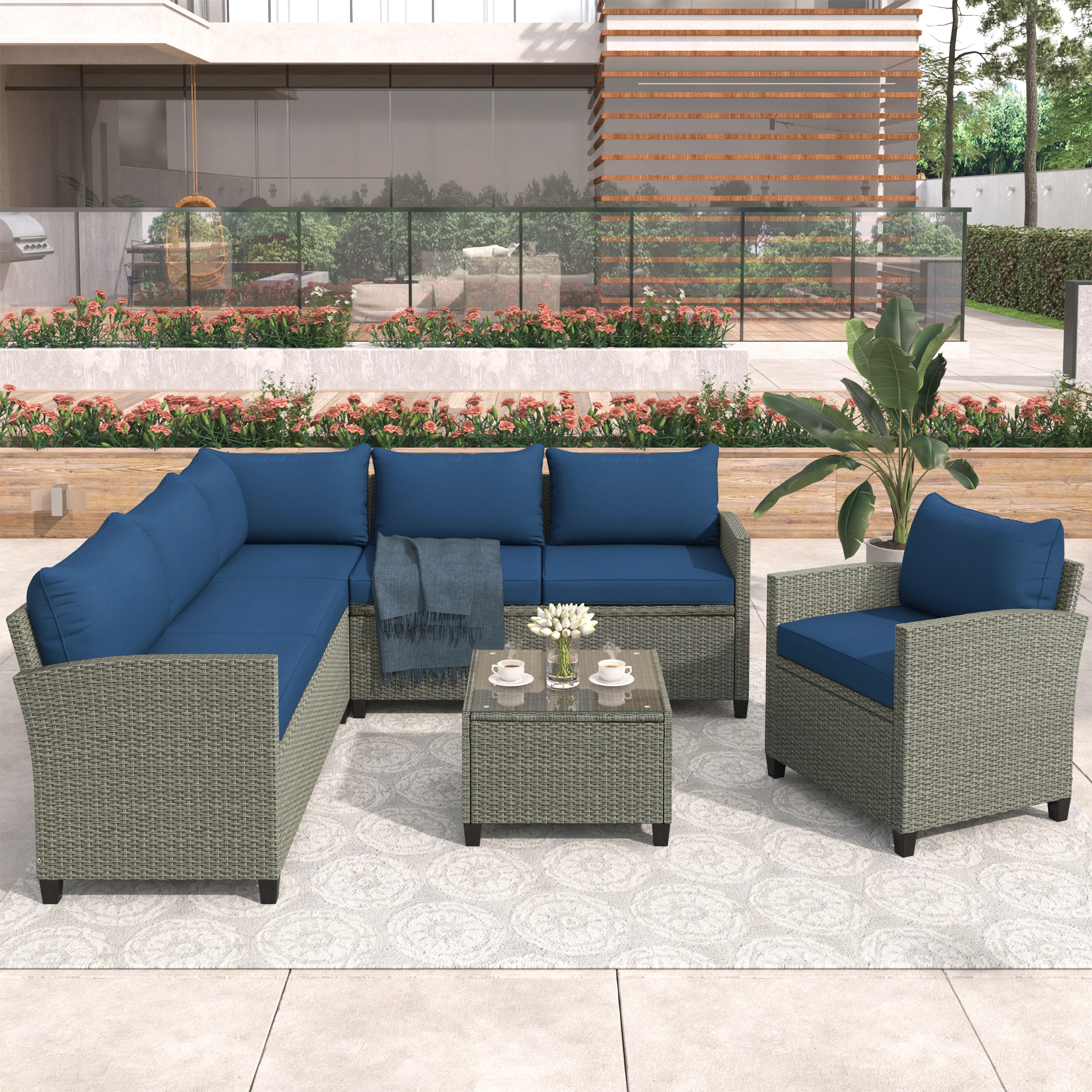 BTMWAY 5 Pieces Outdoor Wicker Sectional Sofa Set, 3.1" Cushioned Outdoor Furniture Set, Rattan Patio Conversation Set with Side Table, Up to 350lbs Capacity, for Backyard Garden Patio,Blue, N3011 - image 1 of 11