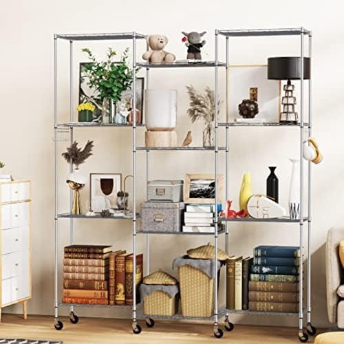 Sailvan 6-Tier 72"H Metal Storage Rack with Wheels, Slim Wire Shelving Unit for Pantry Kitchen Bathroom, Adjustable Shelves with Hooks, 530lbs Cap,Silver