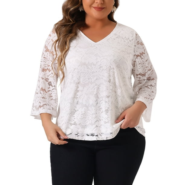 Blusa Elegante de Encaje para Mujeres de Talla Grande GRACE & GRANDEUR con Manga 3/4 y Cuello en V 1X Blanca