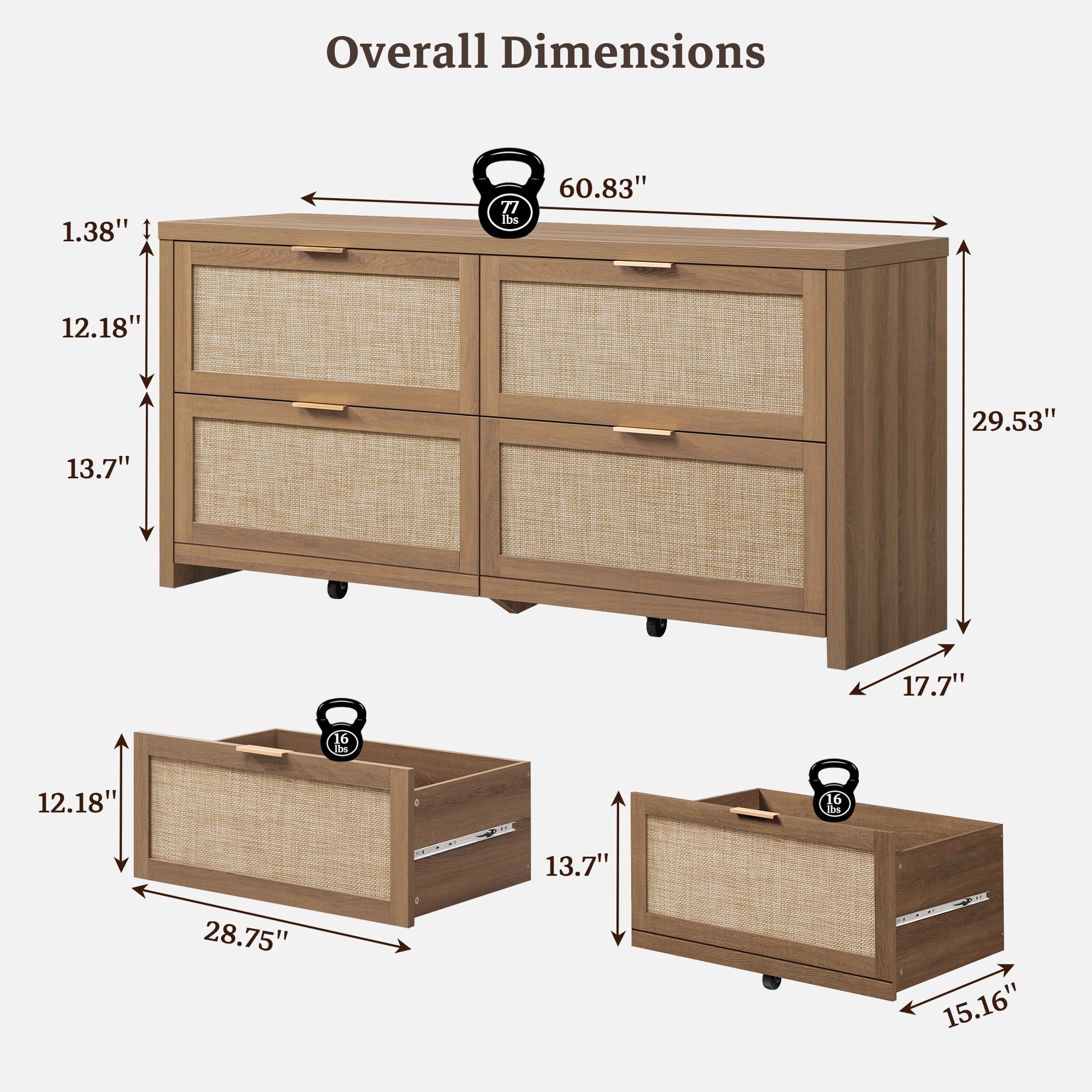 SICOTAS 60.83" Wide Large 4 Drawer Dresser for Bedroom, Oversized Rattan Dressers with Gold Handles & Rolling Wheels, Boho Dresser TV Stand up to 70" TV for Living Room, Oak