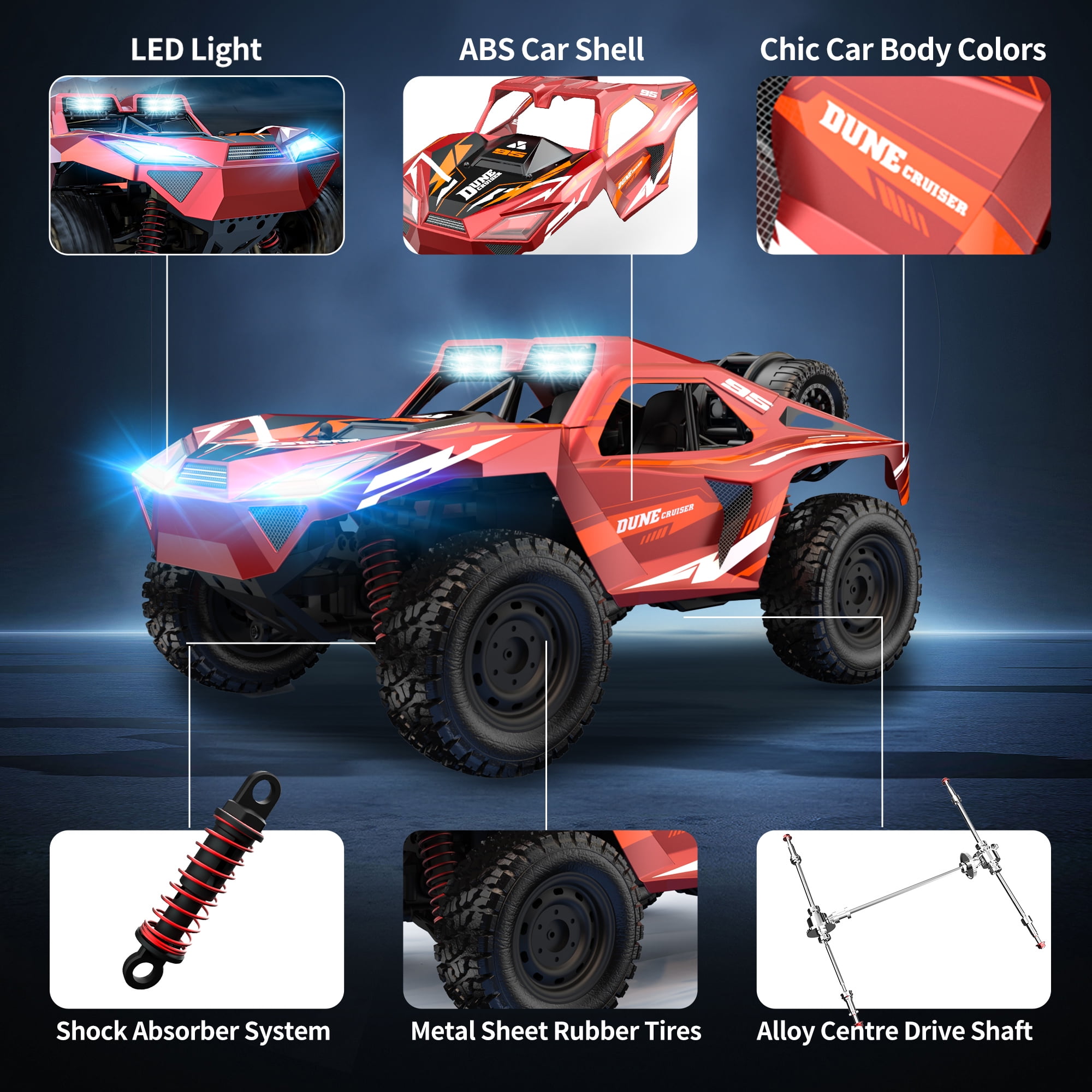 RC Car, 1:16 Scale Remote Control Monster Truck, 4WD Electric Vehicle with 2.4 GHz Remote Toys, 30 MPH RC Cars with LED Bodylight and 2 Batteries for Boys Girls