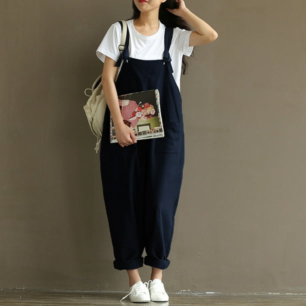 Women Loose Jumpsuit Overalls Solid Sleeveless Pockets Wide Legs
