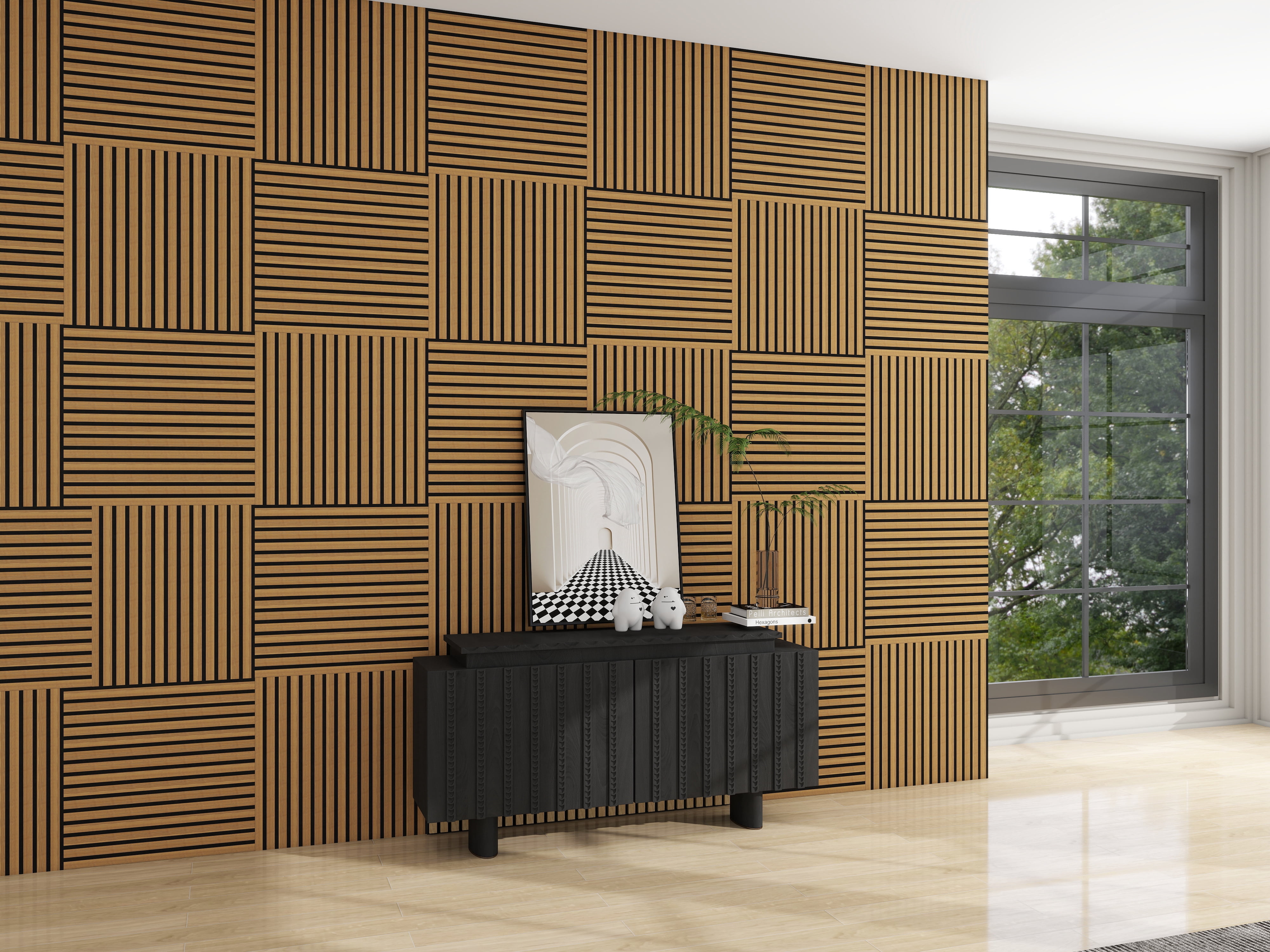 8‑Pack Walnut Wooden Slat Acoustic Panels, 3D Groove Sound‑Absorbing Wall & Ceiling Boards, Flame‑Retardant Noise Reduction Panels for Office Bedroom Gym Kitchen Home Theater