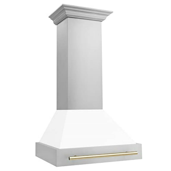 30" ZLINE Autograph Edition Stainless Steel Range Hood with White Matte Shell and Gold Handle