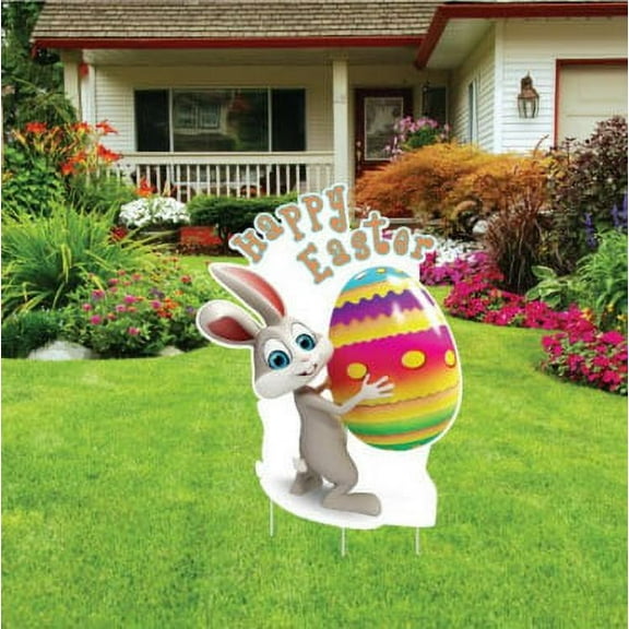 Easter Yard Decoration - "Happy Easter" Easter Bunny with Egg (Single Piece w/3 Short Stakes)