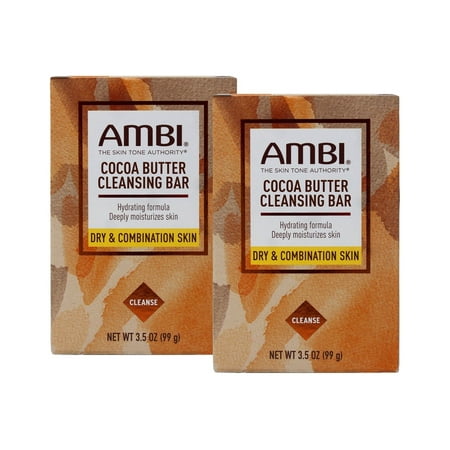 AMBI Cocoa Butter Cleanse Bar Soap, Hydrating Formula for Dry & Combination Skin, 3.5 OZ, - 2 Pack