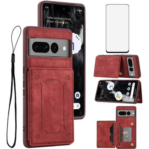 Phone Case for Google Pixel 7 Pro 5G Wallet Cover with Tempered Glass Screen Protector and Slim Credit Card Holder Stand Magnetic PU Leather Cell Accessories Pixel7Pro Pixel7 XL Seven 7Pro 6.7 Men Red