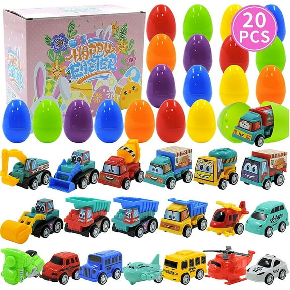 Prefilled Easter Eggs with Pull-Back Construction & Engineering Vehicles, 20 PCS Toy Filled Easter Eggs Perfect for Easter Egg Hunts, Easter Basket Stuffers, Classroom Prize Supplies
