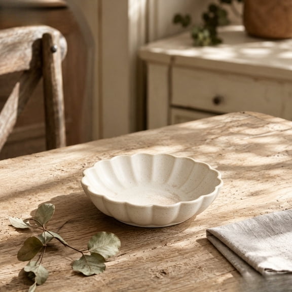 YAMB Scalloped Ceramic Decorative Tabletop Bowl, Elegant Multi-Purpose White Salad Fruit Serving Bowl, Easy-to-Clean Smooth Container for Fruits Snacks & Dining Table Wedding Party Display