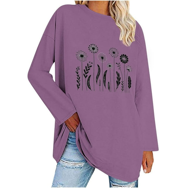 Blouse pour Femmes, T-shirt Imprimé Décontracté avec Col Rond et Épaules Tombantes Manches Longues