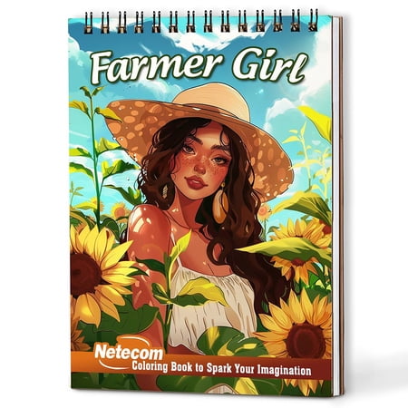 Netecom Farmer Girl Coloring Book Spiral Bound for Adults A5 Wooden Cover 30 Charming Coloring Pages of Anime Girl with Rural Life for Stress Relief and Relaxation
