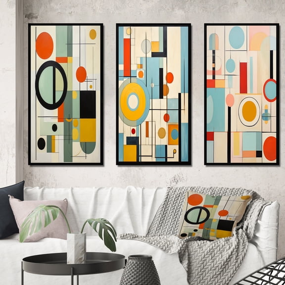 Designart "Mod Geometrics Colorful Mid Century Precision III" Abstract Framed Wall Art Set Of 3 - Multi-Color Midcentury Frame Canvas Set For Living Room Decor