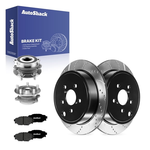 AutoShack Rear Solid Drilled & Slotted E-Coated Brake Rotors   Premium Ceramic Pads   Hub Bearing Assembly 8-PC Brake Kit Replacement for 2010-2014 Subaru Outback ShadowGuard 11.25" (285.8 mm)