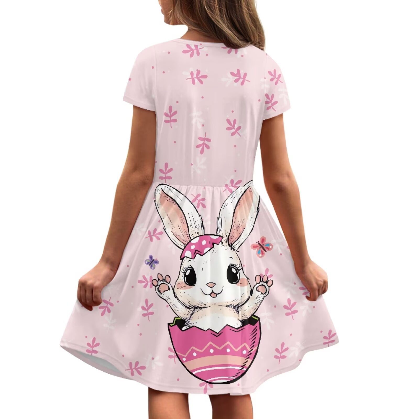 Uourmeti Teen Girls Short Sleeve Dress for Easter Cute Bunny Print Crew Neck Knee A-Line Dresses Lightweight Casual Swing Dress with Pockets
