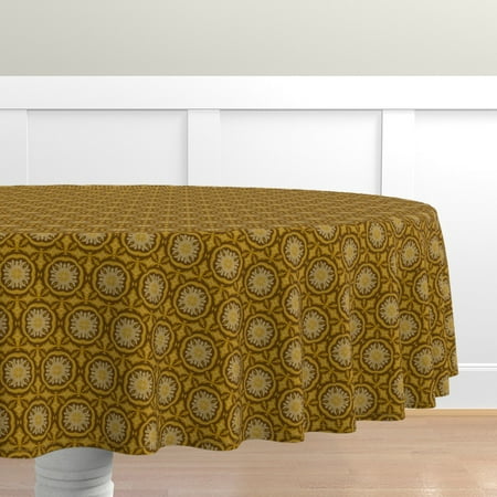 

Cotton Sateen Tablecloth 90 Round - Tile Yellow Moroccan Floral Geometric Boho Tiles Ethnic Circles Geo Dark Gold Print Custom Table Linens by Spoonflower