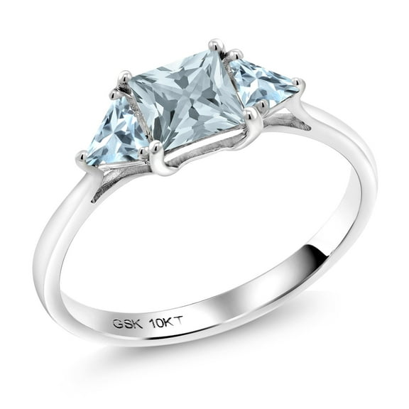 Gem Stone King 10K White Gold Sky Blue Aquamarine 3 Stone Engagement Ring for Women (0.84 Cttw, Gemstone March Birthstone, Princess Center 5MM, Trillion 3.5MM, Size 8)