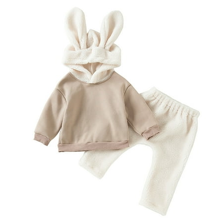 

Kids Outfits for Boys and Girls Autumn Casual Round Neck Long Sleeve Solid Rabbit Ear Hooded Pants Warm Outfits Sets Boys and Girls