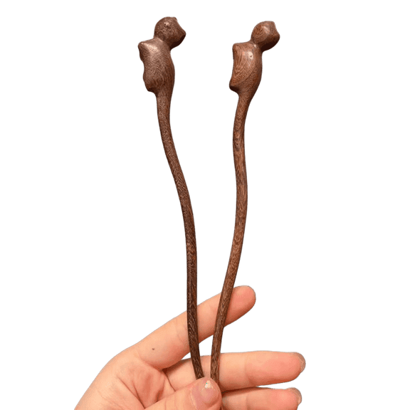 Handmade Wooden Hair Chignon Pin with Cute Cat Design - French Retro Hair Chopsticks for Women 2P