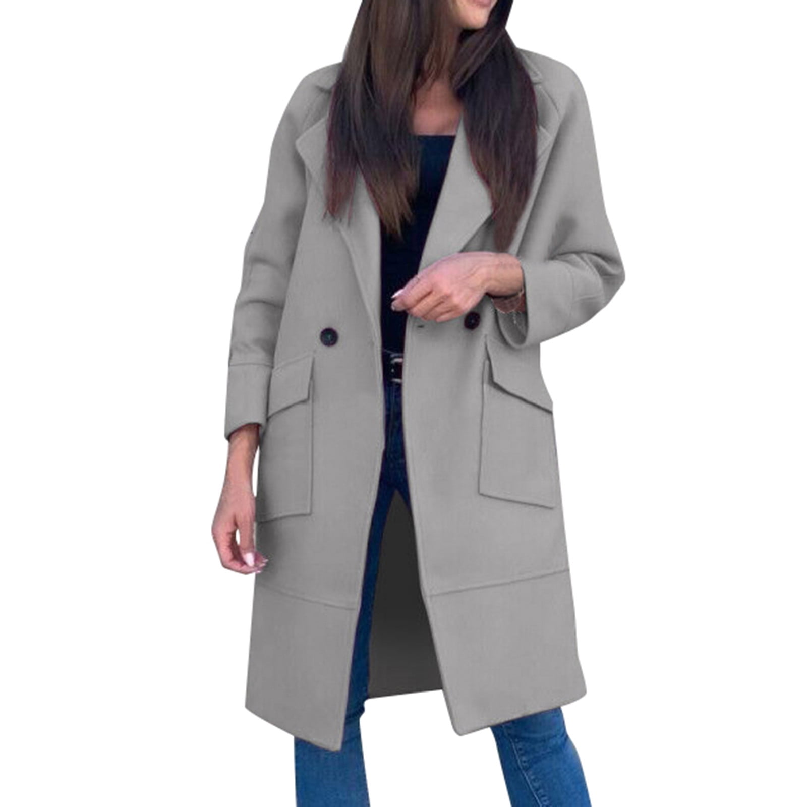 Taiaojing Blazer Jackets for Women Ladies Thick Fashionable Long Sleeve Lapel Pocket Long Wool Coat Jacket Outerwear, Women's, Size: 2XL, Gray