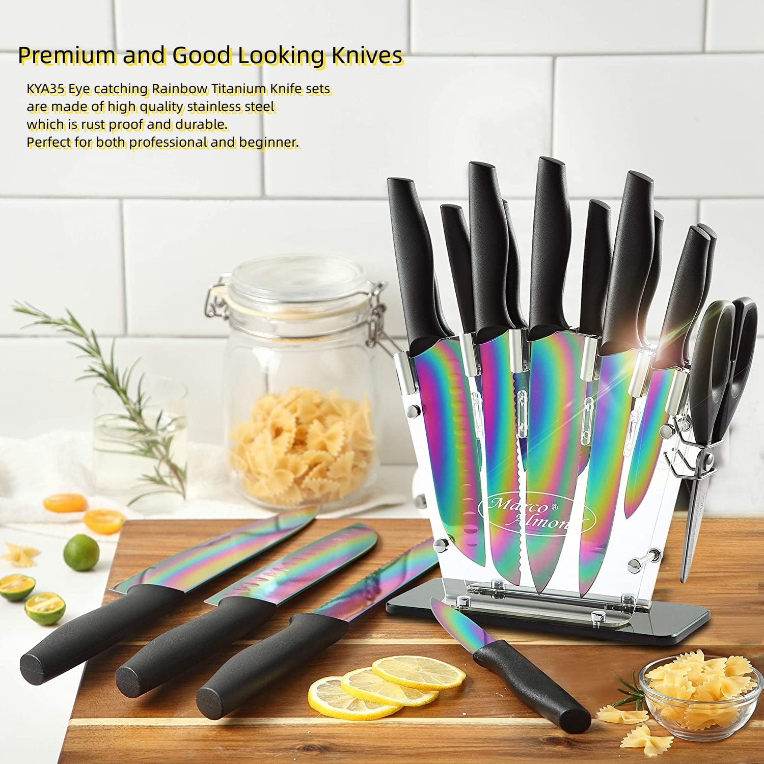 Rainbow Knife Set,Marco Almond KYA35 14 PCS Kitchen Knife Set,Titanium Coating for Anti-rusting, Super Sharp Cutlery Knife Set with Acrylic Stand,Stainless Steel
