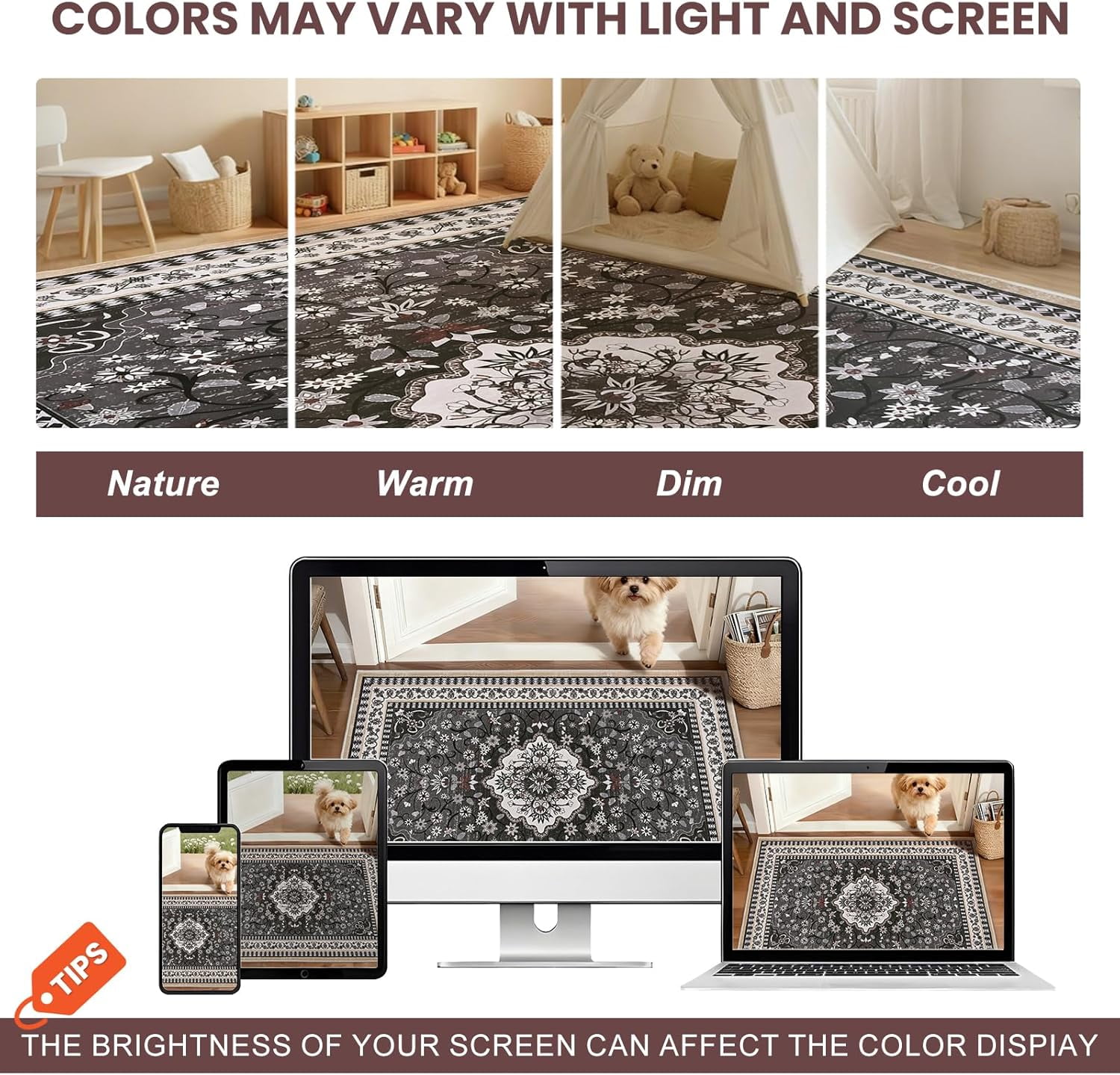 Bleum Cade Large Area Rug for Living Room, 5x7 Machine Washable Boho Rug for Bedroom, Soft Low Pile Non Slip Boho Dining Room Rug, Floral Vintage Floor Carpet for Bedroom Home Office,Black