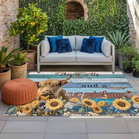 Outdoor Rug 3x5 ft Farm Highland Cattle Sunflower Outdoor Large Area Rug Non Slip Blue Wood Grain Cow Animal Front Door Mat RV Rug Carpet Patio Outdoor Rugs for Backyard Balcony Deck Porch Indoor