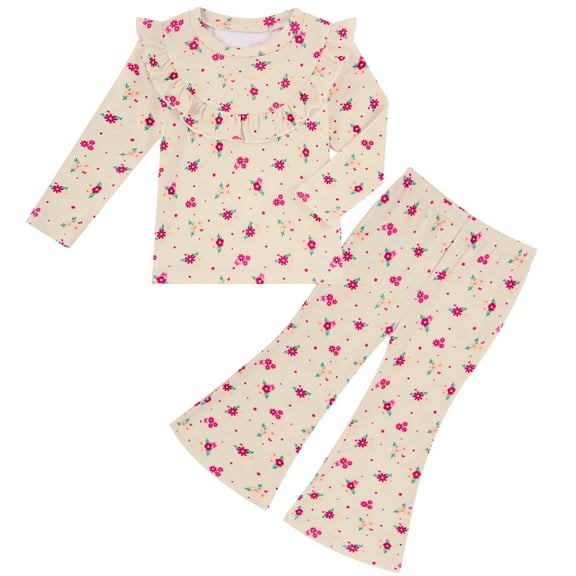 Aideaone Toddler Girl Fall Clothes Set Baby Ruffle Long Sleeve Tops & Flare Pants 2Pcs Outfit 1-4T