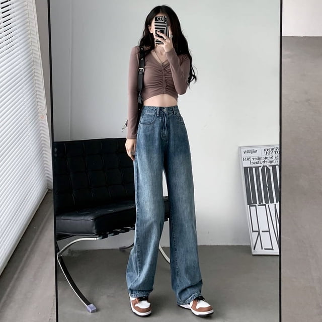 Vaqueros de pierna ancha de cintura alta para mujer, pantalones de fregar rectos retro, de terciopelo popular y finos, versátiles, drapeados, novedad de 2023