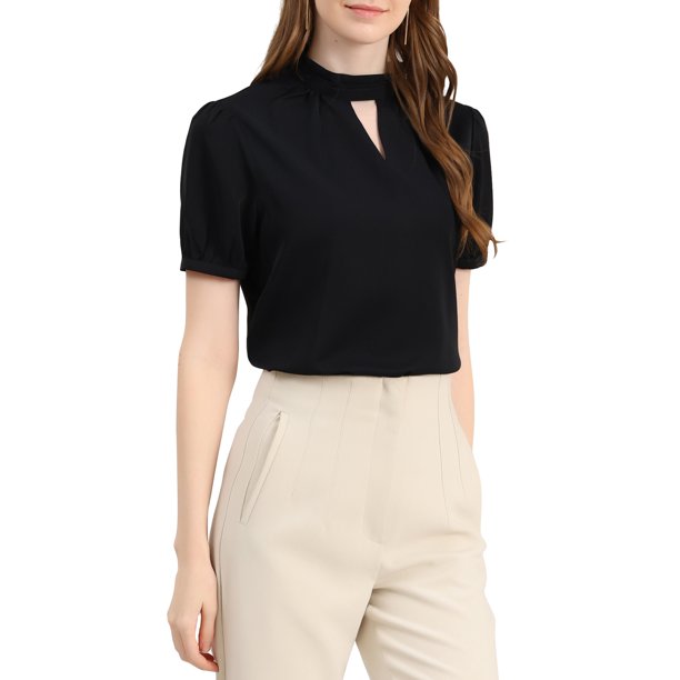 INSPIRAR CHIC Blusas Casuales de Cuello Mock con Mangas Cortas y Llave para Mujeres XS Negros