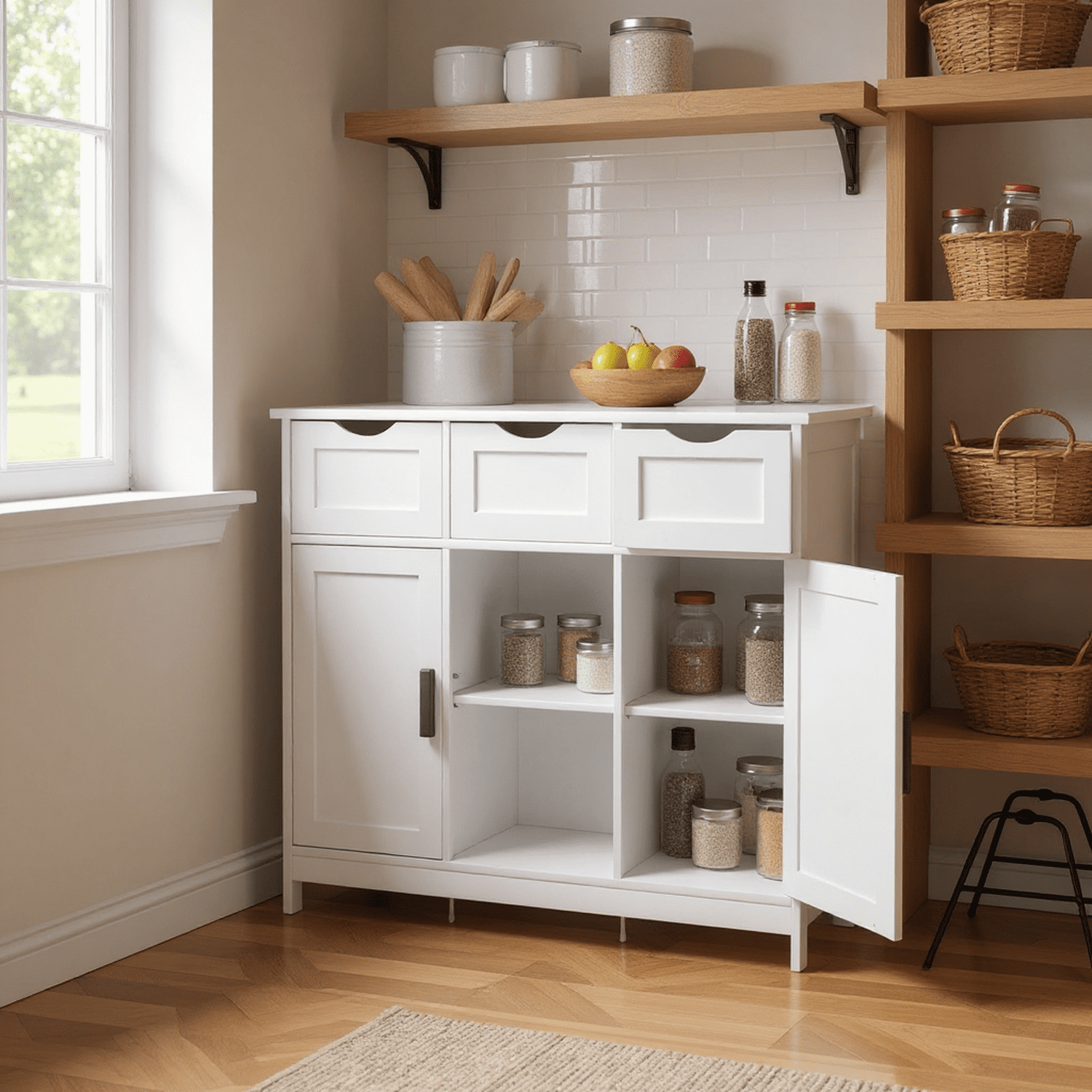 Homy Casa White Storage Sideboard with 3 Drawers & Adjustable Shelves