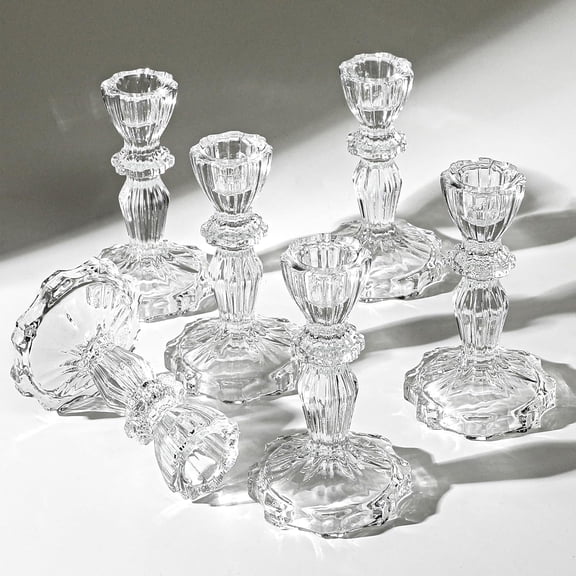 4.33" Tall Glass Candlestick Set of 6 Clear Crystal Candle Holders for Glass Taper Holder Decor for Wedding Birthday Party Christmas