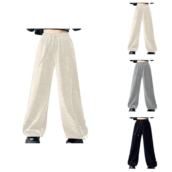 Velvet Pants Women Rhinestone Elastic High Waist Wide Straight Leg Casual Loose Dressy Sparkly Pants Clubwear Dancewear