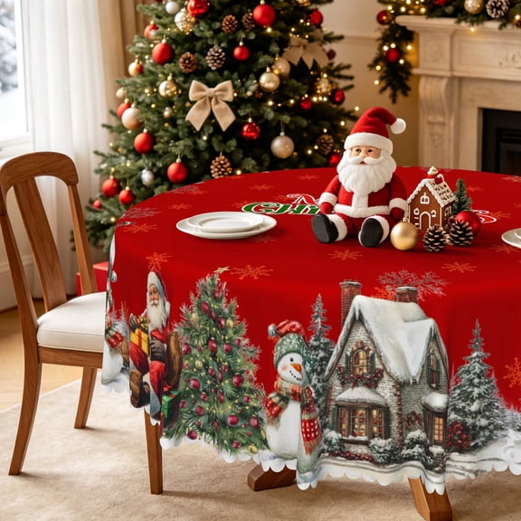 Christmas Snow Village Round Tablecloth,60 Inch,Washable Stain Resistant Table Cover for Holiday Dinner