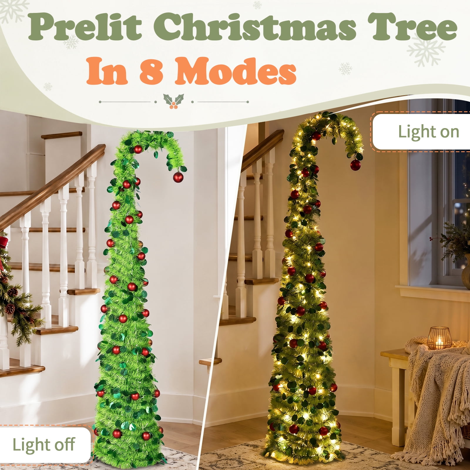 Astoutdoor 6 ft Green Bent-Top Telescopic Christmas Tree with Red Ball Ornaments, 100 Warm White LED Lights, 8 Modes, Battery Operated, PVC Pop-Up Holiday Tree