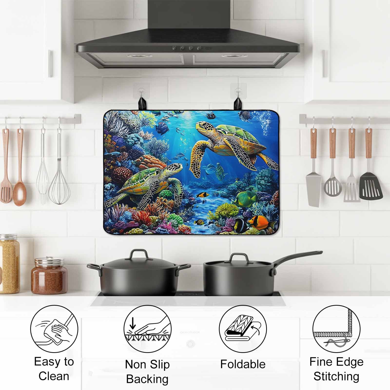 Blue Sea Turtle Ocean Stove Top Cover for Electric Stove, Heat-proof & Non Slip Glass Top Stove Cover Protector, Colorful Coral Sea Underwater Kitchen Flat Cooktop Rubber Mat 24x21 Inches