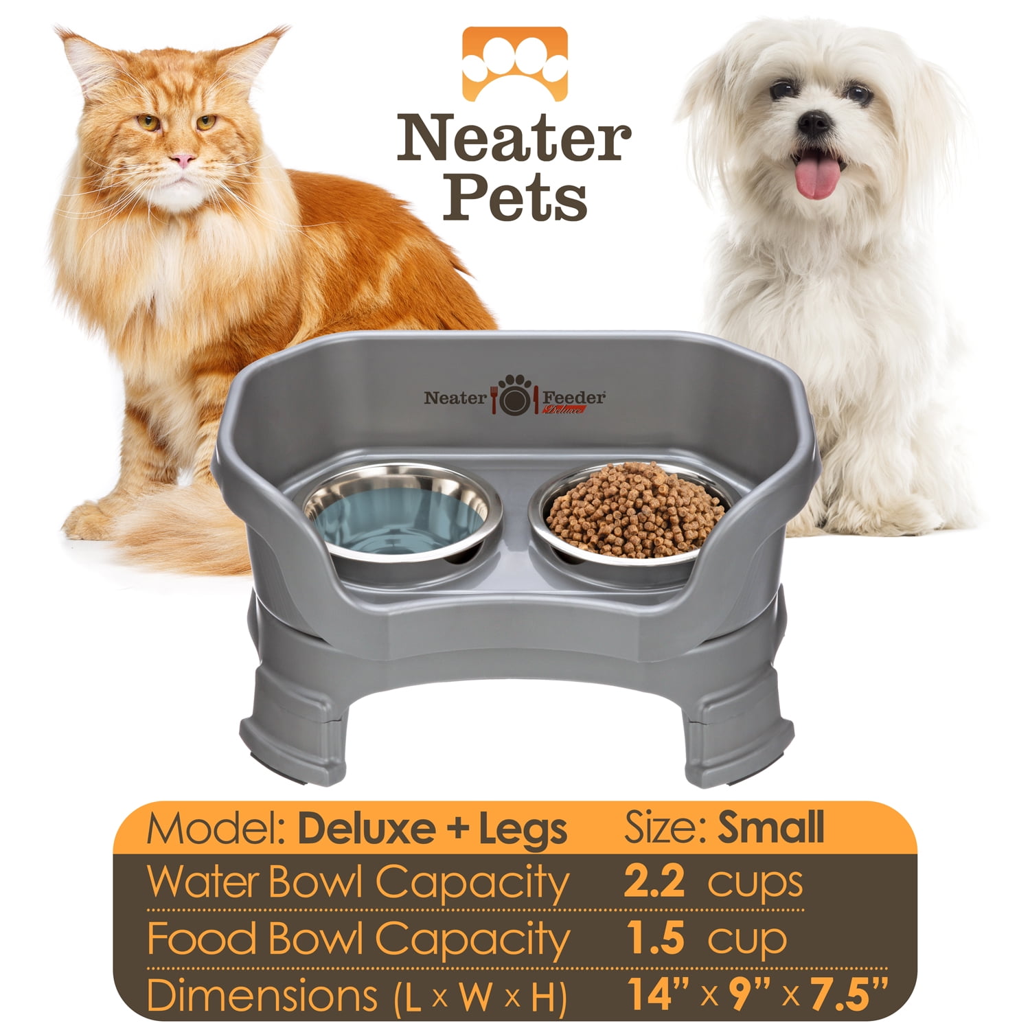 Neater Pets Neater Feeder Deluxe With Leg Extensions Mess-Proof Elevated Food & Water Bowls for Small Dogs, Gunmetal