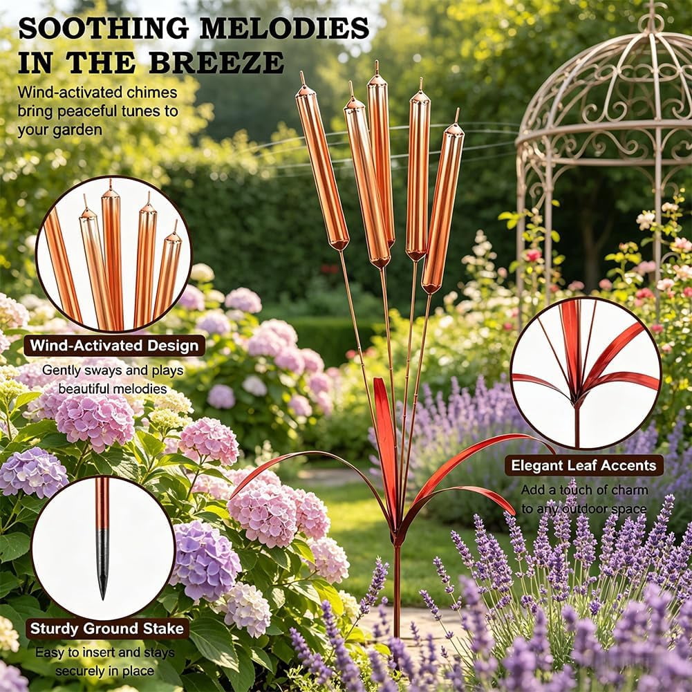 2026 New Iron Wind Chimes Stake Outdoor Decor, Cattail Windchimes, Handmade Rustic Plant Support Garden Art Ornament Wind Chimes Yard Stake for Garden Patio