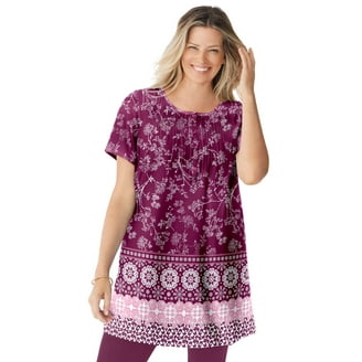 Woman Within Plus Size Embroidered Square Neck Tunic Top – Flutter Sleeves, Relaxed A-Line Fit, 30" Length