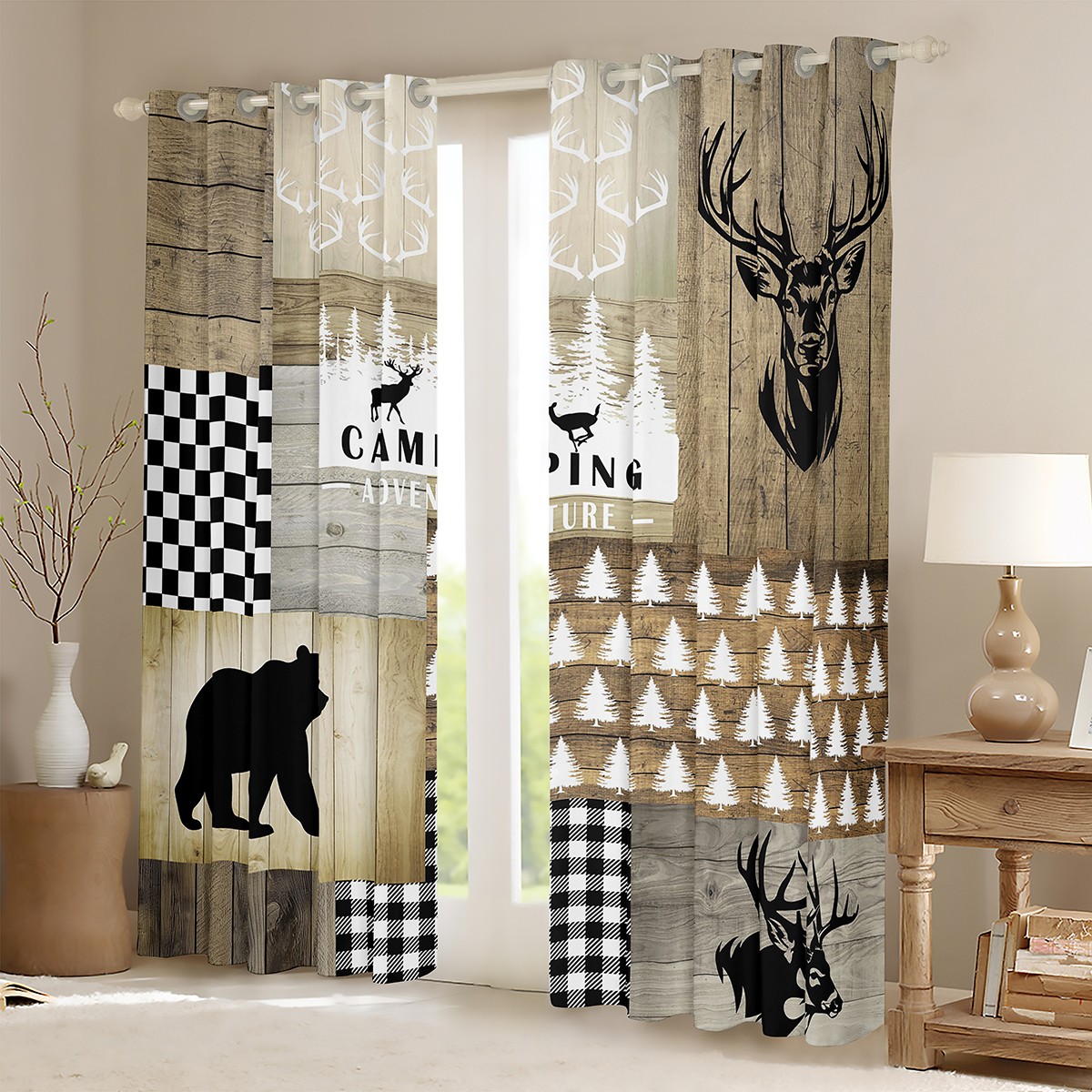 jejeloiu Safari Bear Moose Curtains Pack of 2 (42x84 Each),Jungle Wildlife Curtains Blackout,Old Barn Door Bedroom Curtains For Boys Kids,Microfiber Bedroom Decoration