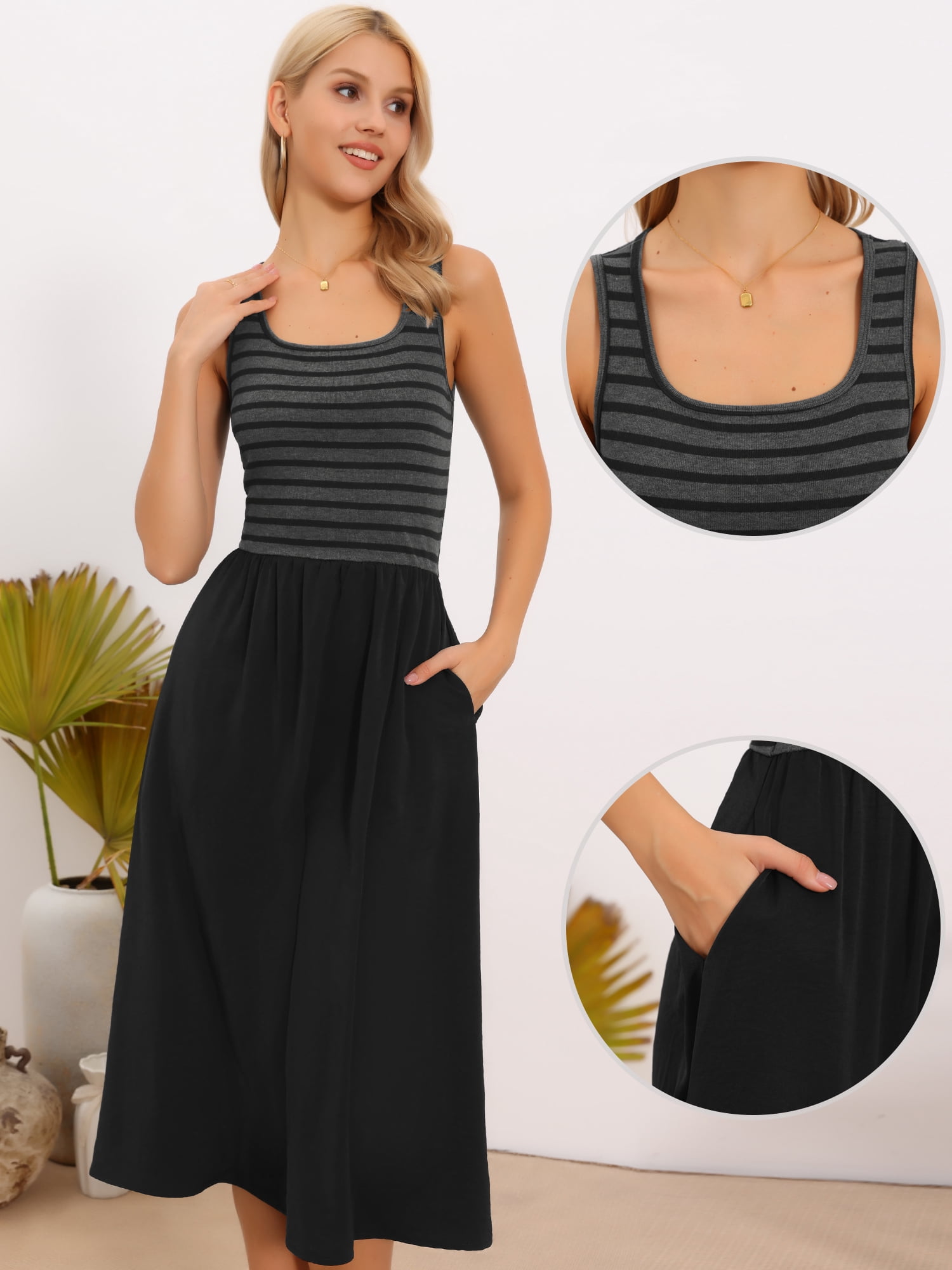 DARING DIVA Women's Summer Striped Patchwork Sleeveless A-Line Dress L Black