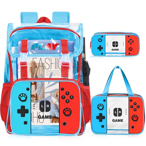 Clear Backpack for Boys and Girls - 3PCS Gamer Kids Clear Backpacks for School, Heavy Duty Transparent Bookbag With Lunch Box Set - Large See Through PVC Back Pack for School, Stadium Events, Travel